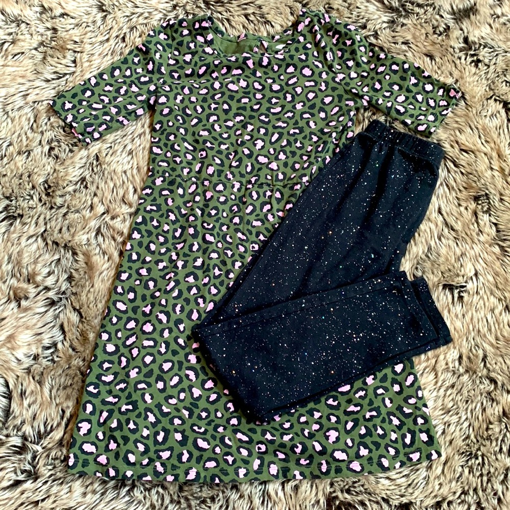 Old Navy green/pink cheetah print dress and black metallic sparkle leggings